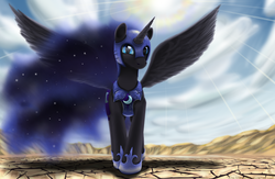 Size: 2274x1483 | Tagged: dead source, safe, artist:sonicrainboom93, nightmare moon, alicorn, pony, g4, crepuscular rays, female, mare, solo, spread wings, wings