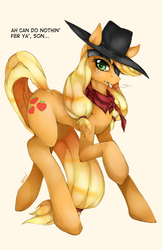 Size: 647x1000 | Tagged: safe, artist:slugbox, applejack, earth pony, pony, g4, bandana, cigarette, dialogue, eyepatch, female, funetik aksent, john wayne, mare, movie quote, simple background, smoking, solo, true grit, walking, white background