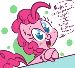 Size: 880x800 | Tagged: safe, artist:tess, pinkie pie, earth pony, pony, g4, abstract background, bronybait, crossed hooves, cute, dialogue, diapinkes, dilemma, female, looking at you, mare, no pupils, open mouth, simple background, solo, speech bubble, transparent background, waifu