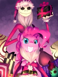 Size: 600x800 | Tagged: safe, artist:bakki, pinkie pie, earth pony, pony, g4, beard, bipedal, clothes, costume, crossed hooves, crossover, duo, female, jack skellington, mare, parody, present, the nightmare before christmas, tim burton