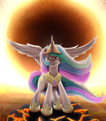 Size: 1400x1600 | Tagged: dead source, safe, artist:sonicrainboom93, princess celestia, alicorn, pony, g4, angry, backlighting, badass, epic, female, glare, looking at you, mare, solo, spread wings, sun