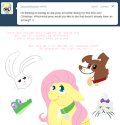 Size: 642x668 | Tagged: safe, artist:cartoonlion, angel bunny, fluttershy, gummy, opalescence, winona, oc, oc:futashy, alligator, pegasus, pony, ask futashy, futaverse, g4, ask, collar, floppy ears, intersex, pet tag, simple background, smiling, white background