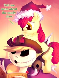 Size: 600x800 | Tagged: safe, artist:bakki, apple bloom, earth pony, pony, g4, bipedal leaning, book, creepy, crossover, cute, duo, female, filly, hat, jack skellington, open mouth, parody, pony hat, riding, santa hat, smiling, the nightmare before christmas, tim burton