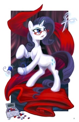 Size: 792x1224 | Tagged: safe, artist:halley-valentine, rarity, pony, unicorn, g4, fabric, female, glasses, magic, mare, rarity's glasses, rearing, scissors, sewing, solo, spool, thread