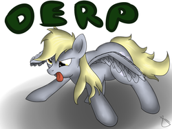 Size: 1024x768 | Tagged: safe, artist:sonicrainboom93, derpy hooves, pegasus, pony, g4, derp, determined, female, gradient background, mare, solo, spread wings, tongue out, wings