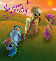 Size: 1780x1924 | Tagged: safe, artist:sonicrainboom93, applejack, rainbow dash, scootaloo, earth pony, pegasus, pony, bondage, female, filly, flying lesson, hogtied, hopeful, mare, mouth hold, pulling, rope, scootaloo can't fly, tied up, trio