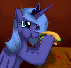 Size: 1280x1224 | Tagged: safe, artist:sonicrainboom93, princess luna, alicorn, pony, g4, burger, eating, female, food, hamburger, mare, ponies eating meat, princess, puffy cheeks, s1 luna, solo