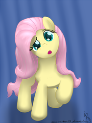 Size: 500x666 | Tagged: dead source, safe, artist:sonicrainboom93, fluttershy, pegasus, pony, g4, abstract background, female, head tilt, looking at you, mare, raised hoof, solo, unsure