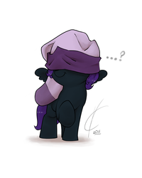 Size: 1600x2000 | Tagged: safe, artist:valcron, oc, oc only, oc:nyx, alicorn, pony, ..., ...?, alicorn oc, clothes, confused, covered eyes, cute, dated, female, filly, horn, nyxabetes, question mark, raised hoof, shadow, signature, simple background, smiling, sock, sock hat, sock on head, solo, spread wings, weapons-grade cute, white background, wings