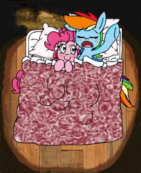 Size: 808x988 | Tagged: safe, artist:dashiepie, pinkie pie, rainbow dash, earth pony, pegasus, pony, g4, bed, bedsheets, duo, female, mare, on back, overhead view, ship:pinkiedash, shipping, sleeping, snoring, snuggling