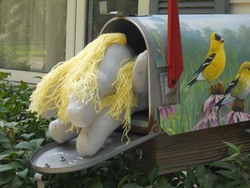 Size: 500x375 | Tagged: safe, artist:eratosofcyrene, derpy hooves, pegasus, pony, g4, derpy inside a mailbox, female, irl, mailbox, mare, outdoors, photo, plushie, solo