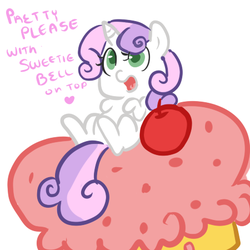 Size: 450x450 | Tagged: safe, artist:mt, sweetie belle, pony, unicorn, g4, cupcake, female, filly, on back, pretty please, solo