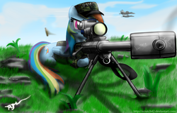 Size: 1680x1080 | Tagged: dead source, safe, artist:scratch42, rainbow dash, pegasus, pony, g4, aiming, aircraft, clothes, female, grass, gun, hooves, lying down, mare, military, optical sight, prone, rifle, sniper, sniper rifle, solo, text, uniform, usmc, weapon, wings