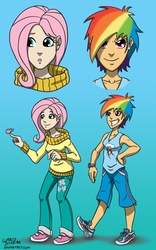 Size: 1280x2048 | Tagged: safe, artist:glancojusticar, fluttershy, rainbow dash, human, g4, clothes, duo, female, gradient background, humanized, shoes, skinny, sneakers, sweater, sweatershy, thin