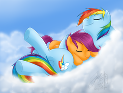 Size: 1480x1124 | Tagged: dead source, safe, artist:cat-cly, rainbow dash, scootaloo, pegasus, pony, g4, blank flank, cloud, duo, eyes closed, female, filly, foal, hooves, lying on a cloud, mare, on a cloud, scootadoption, scootalove, siblings, sisters, sleeping, smiling, wings