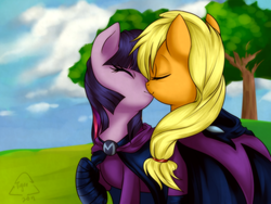 Size: 1024x768 | Tagged: dead source, safe, artist:cat-cly, applejack, mare do well, twilight sparkle, earth pony, pony, unicorn, g4, clothes, costume, duo, eyes closed, female, kiss on the lips, kissing, lesbian, mare, ship:twijack, shipping