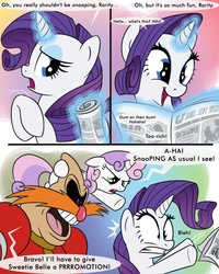 Size: 1024x1280 | Tagged: safe, artist:glancojusticar, rarity, sweetie belle, pony, unicorn, g4, ponyville confidential, adventures of sonic the hedgehog, bleh, caught, comic, crossover, dialogue, doctor eggman, female, filly, glare, gritted teeth, male, mare, newspaper, pingas, promotion, scene interpretation, scene parody, sonic the hedgehog, sonic the hedgehog (series), wide eyes, written equestrian