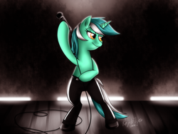 Size: 1800x1350 | Tagged: safe, artist:cat-cly, lyra heartstrings, pony, unicorn, g4, bipedal, clothes, female, mare, microphone, moves like jagger, pants, solo, stage