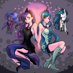 Size: 800x800 | Tagged: safe, artist:bakki, princess luna, oc, oc:angel song, alicorn, human, pony, g4, abstract background, boots, female, humanized, mare, shoes