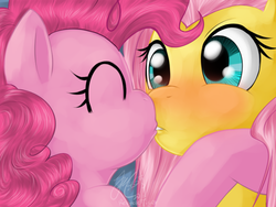 Size: 800x600 | Tagged: safe, artist:cat-cly, fluttershy, pinkie pie, earth pony, pegasus, pony, g4, blushing, duo, female, kiss on the lips, kissing, lesbian, mare, ship:flutterpie, shipping