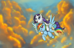 Size: 1600x1050 | Tagged: safe, artist:cat-cly, rainbow dash, rarity, pegasus, pony, unicorn, g4, cloud, duo, female, flying, lesbian, mare, ponies riding ponies, rarity riding rainbow dash, riding, ship:raridash, shipping, sky