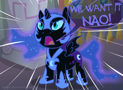 Size: 550x400 | Tagged: safe, artist:snapai, nightmare moon, alicorn, pony, g4, baby talk, cute, female, filly, foal, hoof shoes, moonabetes, nightmare woon, solo, traditional royal canterlot voice, younger