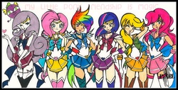 Size: 1397x708 | Tagged: safe, artist:pixel-chick, applejack, fluttershy, pinkie pie, rainbow dash, rarity, spike, twilight sparkle, human, g4, boots, clothes, crossover, female, humanized, male, mane seven, mane six, miniskirt, parody, sailor moon (series), sailor senshi, shoes, skirt, socks, thigh boots, thigh highs, traditional art