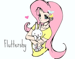 Size: 2438x1897 | Tagged: safe, artist:pixel-chick, angel bunny, fluttershy, human, g4, cute, female, heart, humanized, simple background, white background