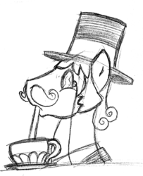 Size: 569x700 | Tagged: safe, artist:elosande, oc, oc only, oc:gentle coltte of leisure, earth pony, pony, drinking, hat, male, monochrome, monocle, stallion, top hat