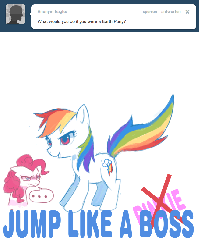 Size: 656x820 | Tagged: dead source, safe, artist:suikuzu, pinkie pie, rainbow dash, earth pony, pony, g4, ..., animated, anonymous, ask, cutie mark, female, gif, jumping, like a boss, mare, pronking, tumblr, unamused, when she doesn't smile, wingless