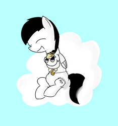 Size: 749x800 | Tagged: artist needed, safe, oc, oc only, oc:archimedes ogle, oc:gentle coltte of leisure, pegasus, pony, cloud, diaper, diaper fetish, happy, he loves his daddy, male, non-baby in diaper, plushie, stallion