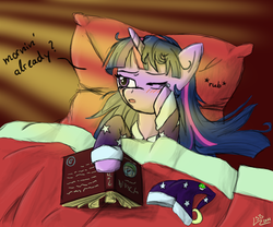 Size: 1439x1200 | Tagged: dead source, safe, artist:lifesequencebreak, twilight sparkle, pony, unicorn, g4, bed, book, clothes, female, hat, mare, morning ponies, nightcap, one eye closed, pajamas, solo, tired