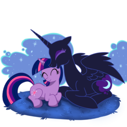 Size: 1000x1000 | Tagged: safe, artist:madmax, nightmare moon, twilight sparkle, alicorn, pony, unicorn, fanfic:past sins, g4, duo, eyes closed, female, happy, implied oc, mare, nicemare moon, prone, simple background, smiling, transparent background