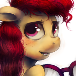 Size: 600x600 | Tagged: dead source, safe, artist:crookedtrees, twist, earth pony, pony, g4, bust, female, filly, floppy ears, freckles, glasses, glasses off, mare, portrait, solo