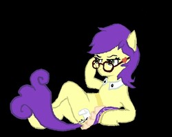 Size: 1000x800 | Tagged: artist needed, safe, oc, oc only, oc:miss ballpoint inkwell, earth pony, pony, black background, female, glasses, mare, on back, simple background, solo