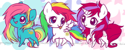 Size: 1101x439 | Tagged: safe, artist:ponymonster, moondancer (g1), starshine, sunlight (g1), earth pony, pegasus, pony, unicorn, g1, 2011, abstract background, cutie mark background, female, g1 dancerbetes, looking at each other, looking at someone, mare, one eye closed, open mouth, open smile, raised hoof, smiling, spread wings, starshinebetes, sunlightbetes, trio, trio female, turned head, walking, wings