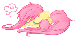 Size: 690x342 | Tagged: safe, artist:ponymonster, fluttershy, pegasus, pony, g4, female, heart, mare, messy mane, simple background, sleeping, solo, white background