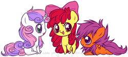 Size: 1606x718 | Tagged: safe, artist:ponymonster, apple bloom, scootaloo, sweetie belle, earth pony, pegasus, pony, unicorn, g4, cutie mark crusaders, female, filly, messy mane, simple background