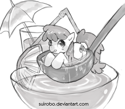 Size: 1182x1033 | Tagged: safe, artist:suikuzu, berry punch, berryshine, earth pony, pony, g4, female, glass, mare, monochrome, punch (drink), punch bowl, solo, tiny ponies