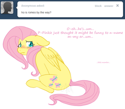 Size: 639x561 | Tagged: safe, artist:cartoonlion, fluttershy, oc, oc:futashy, pegasus, pony, ask futashy, futaverse, g4, ask, blushing, floppy ears, futa, futa fluttershy, implied penis, intersex, looking back, simple background, sitting, solo, white background