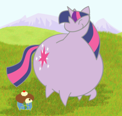 Size: 1280x1218 | Tagged: safe, artist:toonfreak, twilight sparkle, pony, unicorn, g4, cupcake, eyes closed, fat, female, food, mare, mountain, solo, this world, twilard sparkle, unicorn twilight