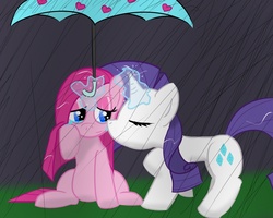 Size: 1280x1024 | Tagged: safe, artist:kryptchild, pinkie pie, rarity, earth pony, pony, unicorn, g4, female, kissing, lesbian, mare, rain, ship:raripie, shipping, sitting, umbrella