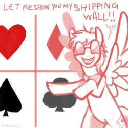 Size: 500x500 | Tagged: safe, artist:clorin spats, oc, oc only, oc:pomf, pegasus, pony, dialogue, glasses, homestuck, looking at you, male, open mouth, shipper, shipping wall, smiling, solo, spread wings, stallion