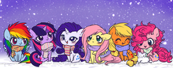 Size: 1560x609 | Tagged: safe, artist:ponymonster, applejack, fluttershy, pinkie pie, rainbow dash, rarity, twilight sparkle, earth pony, pegasus, pony, unicorn, g4, chibi, clothes, female, mane six, mare, scarf, sitting, snow, snowfall