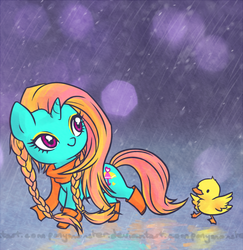 Size: 630x649 | Tagged: safe, artist:ponymonster, dewdrop dazzle, duck, pony, unicorn, g4, boots, clothes, female, mare, rain, scarf