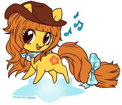 Size: 717x617 | Tagged: safe, artist:ponymonster, oc, oc only, oc:butterscotch patch, earth pony, pony, bow, clothes, female, hat, mare, music notes, open mouth, scarf, simple background, singing, smiling, solo, tail bow, white background