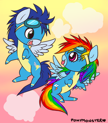 Size: 763x870 | Tagged: safe, artist:ponymonster, rainbow dash, soarin', pegasus, pony, g4, female, flying, goggles, male, mare, ship:soarindash, shipping, stallion, straight, tongue out, wonderbolts uniform