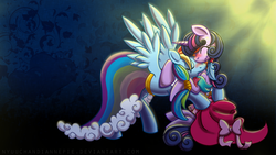 Size: 1920x1080 | Tagged: safe, artist:nyuuchandiannepie, rainbow dash, twilight sparkle, pegasus, pony, unicorn, g4, abstract background, alternate hairstyle, blushing, clothes, cute, dress, eyes closed, feather, female, hug, lesbian, mare, royal wedding, ship:twidash, shipping, wallpaper