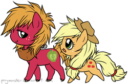 Size: 771x507 | Tagged: safe, artist:ponymonster, applejack, big macintosh, earth pony, pony, g4, chibi, duo, female, male, mare, simple background, stallion, white background