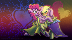 Size: 1920x1080 | Tagged: safe, artist:nyuuchandiannepie, fluttershy, pinkie pie, earth pony, pegasus, pony, g4, abstract background, blushing, clothes, cute, dancing, dress, female, heart, hug, lesbian, mare, royal wedding, ship:flutterpie, shipping, wallpaper
